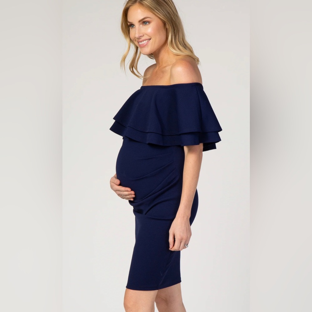 Navy Ruffle Off Shoulder Ruched Maternity Dress | size: large